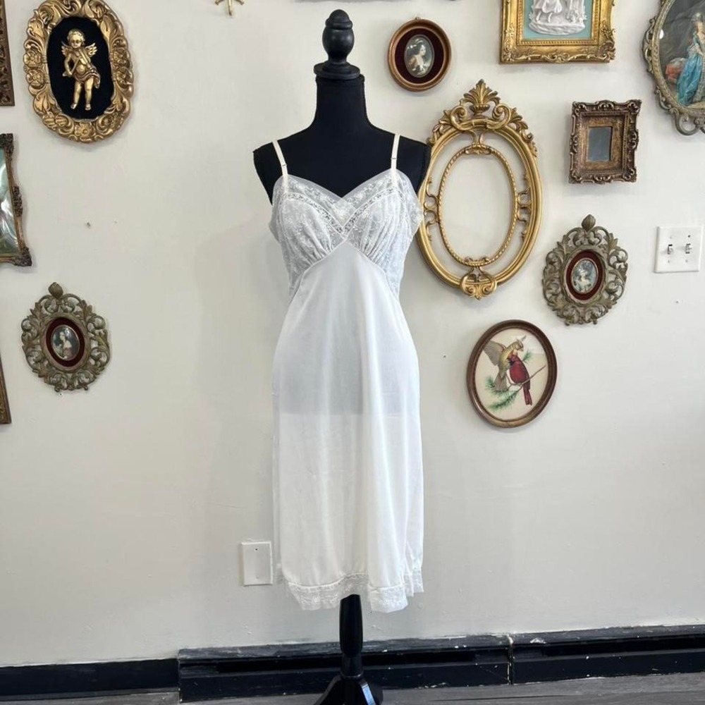 Vintage White Lace Slip Dress Size 34 Small Sheer Nylon Nightgown Lingerie